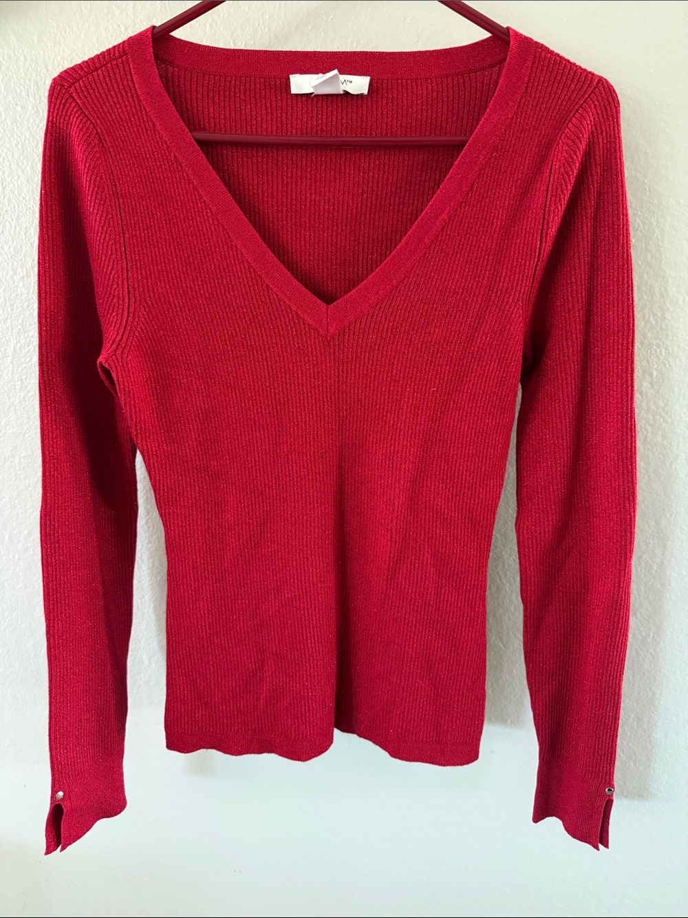 White House Black Market Crimson Red V-Neck Ribbed Sweater